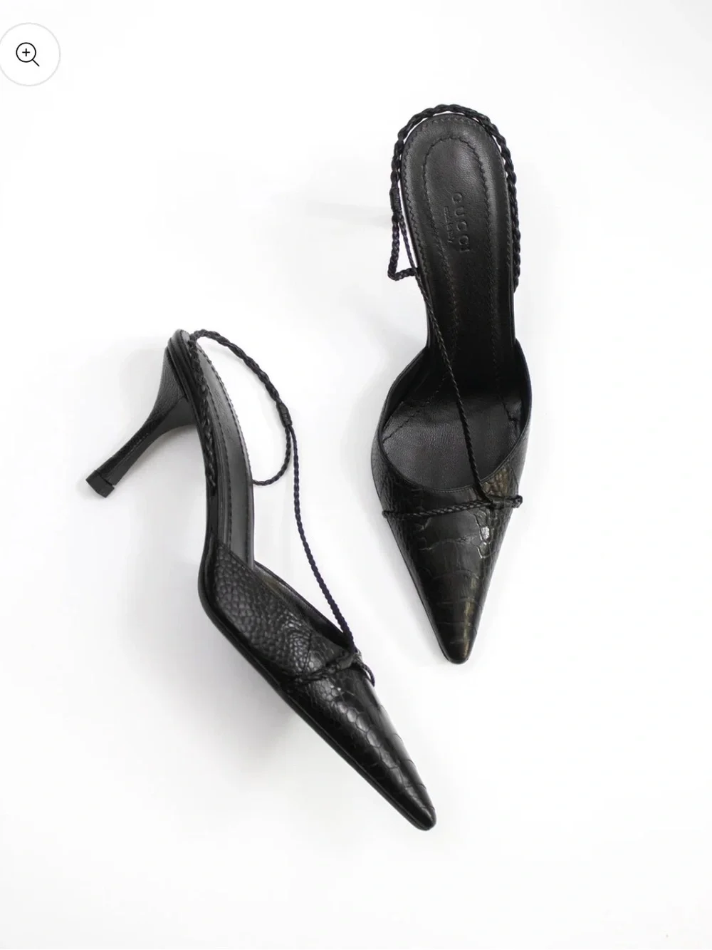 Gucci Black Croc-Embossed Pointed-Toe Slingback Heels